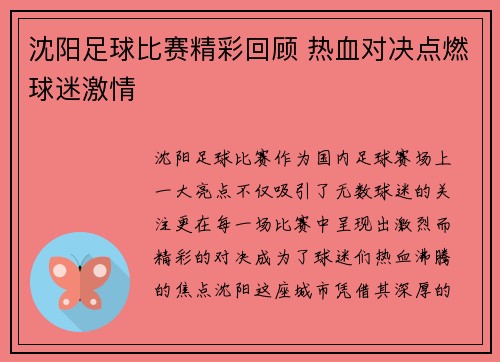沈阳足球比赛精彩回顾 热血对决点燃球迷激情