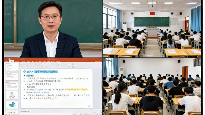 智慧录播教室系统的监控界面截图，画面被分割为四个区域，分别显示教师近景特写、教室全景、电子课件内容以及学生听课画面，界面设计简洁直观。