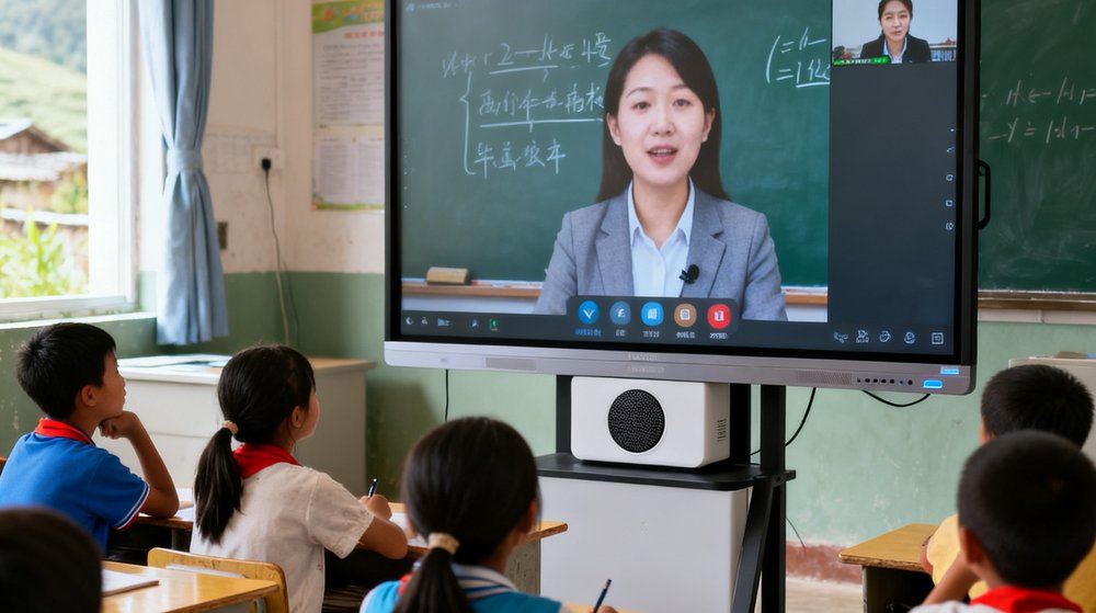 一间偏远地区小学的教室内，学生正通过专递课堂大屏设备与远端名校教师进行实时互动，屏幕清晰显示教师面部表情和板书内容，教室前方安装有高清摄像头和全向拾音器。