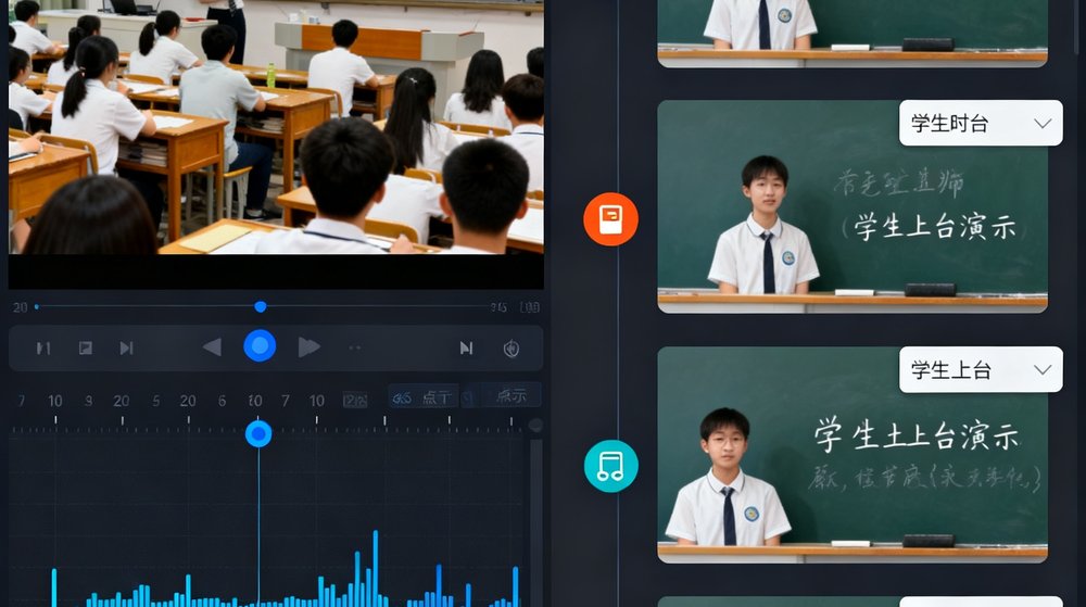 教学视频自动剪辑引擎的软件操作界面，左侧为原始课堂视频时间轴，右侧显示AI自动标记的关键教学节点，包括教师提问时刻、学生上台演示片段和板书重点画面，每个标记带有可编辑的标签。