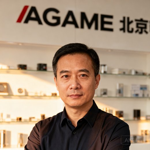 陈启明博士的半身肖像照，他穿着深色衬衫，背景是AGGAME北京办公室的产品展示墙，眼神专注而坚定，四十岁左右的男性。
