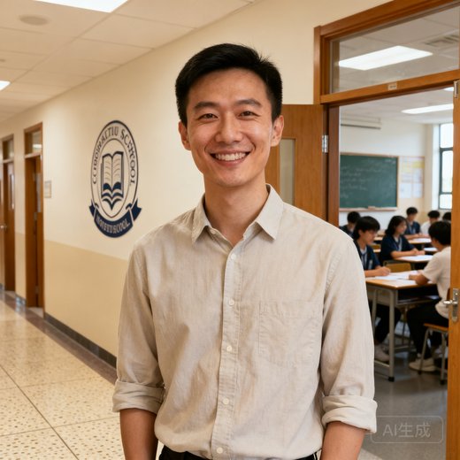 周远航的半身肖像照，他面带微笑站在一所合作学校的走廊里，身后是正在上课的教室，展现出教育研究者的亲和力。